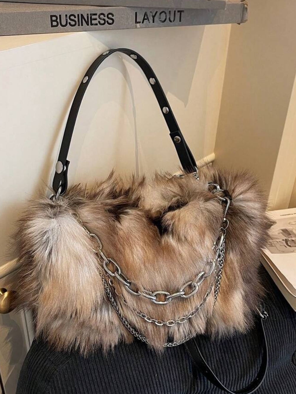 1pc Women's Gradient Deer Spotted Faux Fur Shoulder Bag, Ash Gray, Autumn/Winter